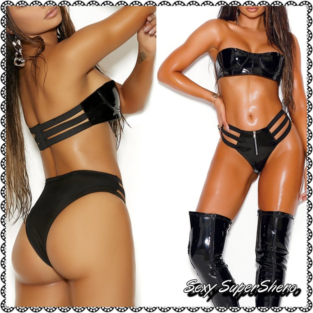 🆕Vinyl Bandeau top & Panty Strappy Lingerie Set